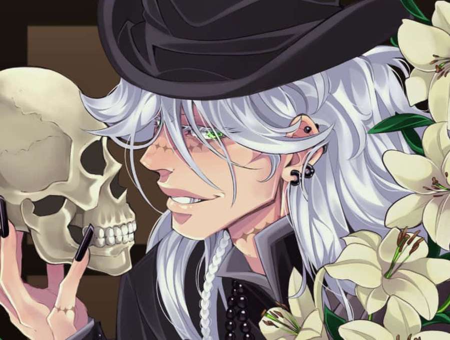 Anime character with silver hair and black hat holding a skull next to white lilies. — Black Butler Undertaker Wallpaper