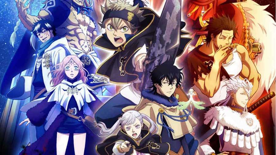 Anime characters in fantasy costumes posing heroically against a cosmic background. — Black Clover Background