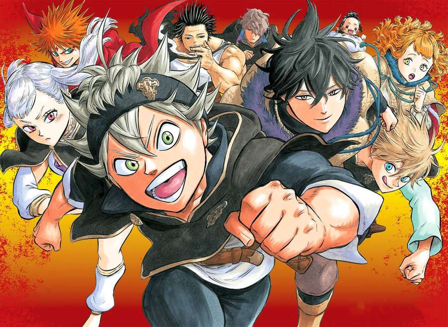 Personajes de anime en pose de acción con expresiones decididas contra fondo ardiente. — Black Clover Fondos de pantalla