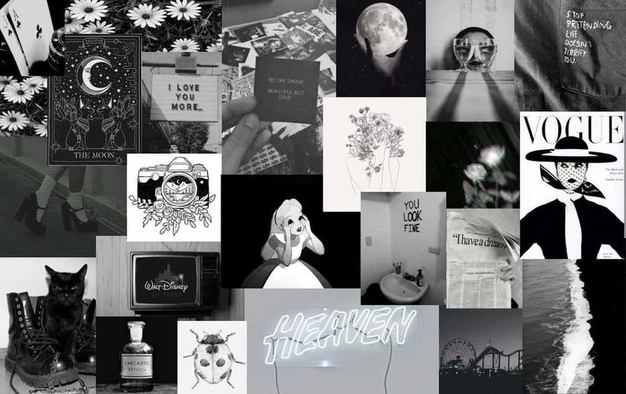 Black and white collage with moon flowers cat neon signs and quotes. — Black Collage Wallpaper
