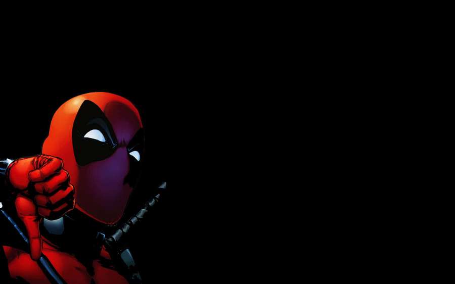 Deadpool superhero giving thumbs down gesture in dark setting. — Black Deadpool Wallpaper