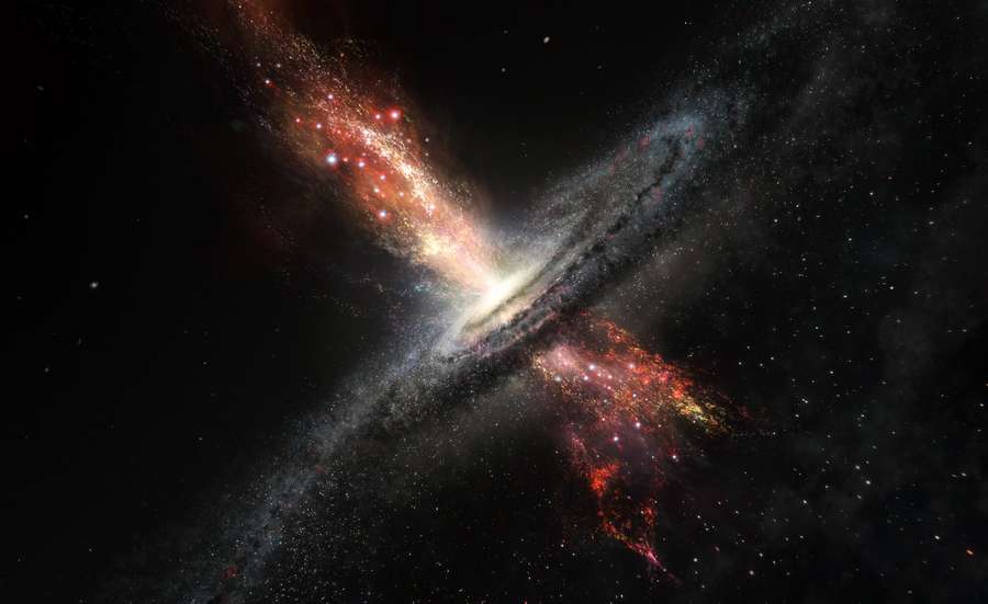 Two galaxies colliding in a cosmic dance of red and white light. — Black Galaxy Wallpaper
