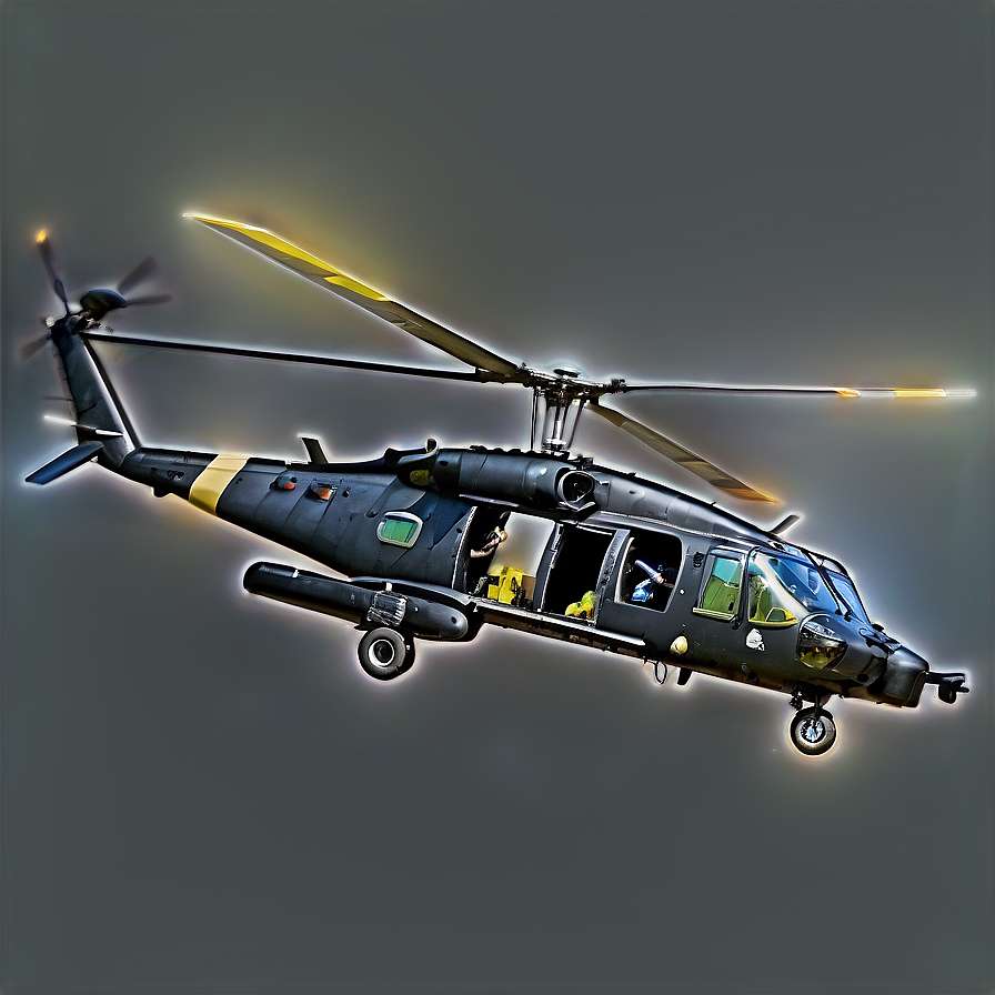 Black military helicopter with yellow highlights flying at night. — Black Hawk Helicopter Background