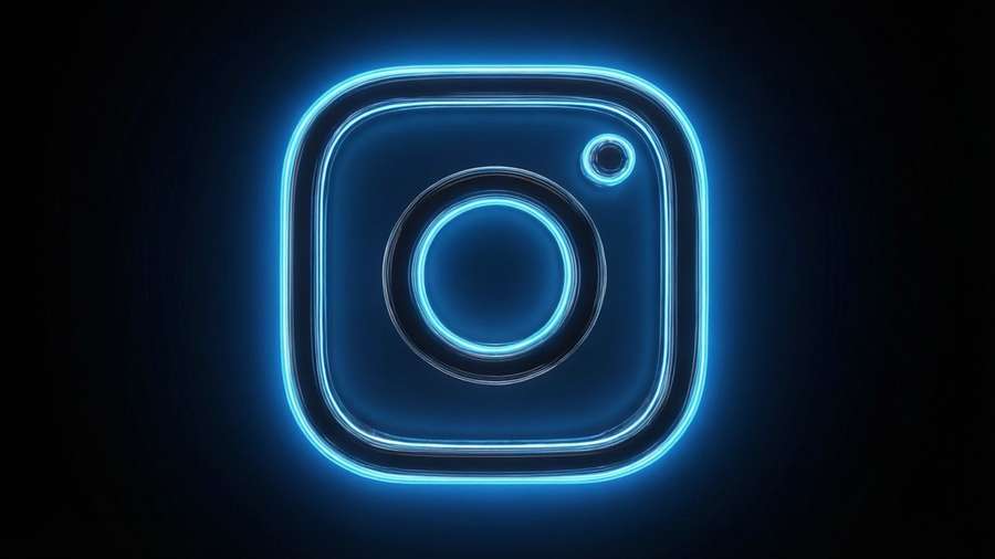 A black Instagram logo with a vibrant blue neon glow outline on a dark background. — Black Instagram Wallpaper