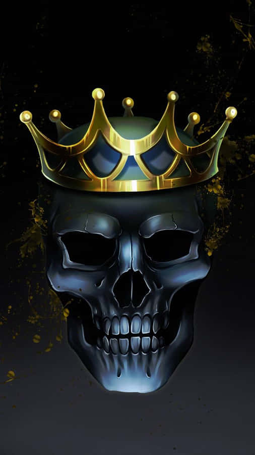 A blue skull wearing a gold crown with gold paint splatters on a dark background. — Black King Wallpaper