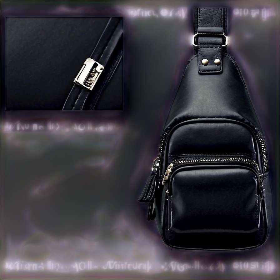 Black leather crossbody bag with gold hardware and tassels on a glowing purple background. — Black Leather Background