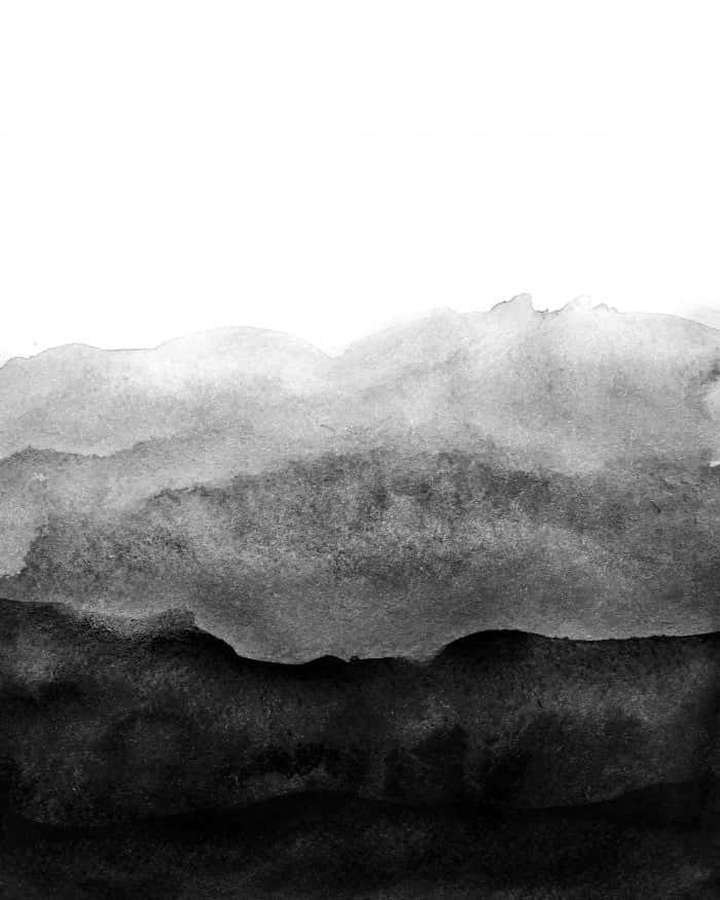 Abstract watercolor artwork with black gray and white mountain silhouette against bright sky. — Black Ombre Wallpaper