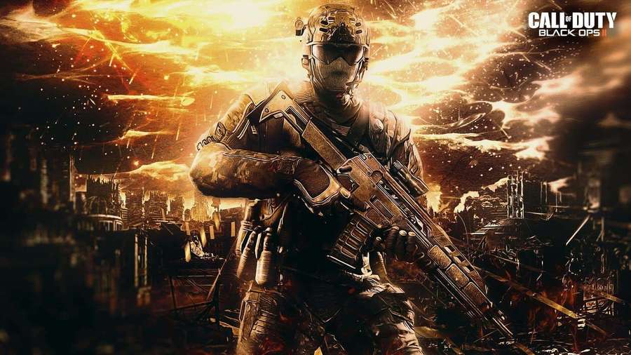 Soldier in combat gear holding rifle amid fiery urban destruction. — Black Ops 3 Wallpaper