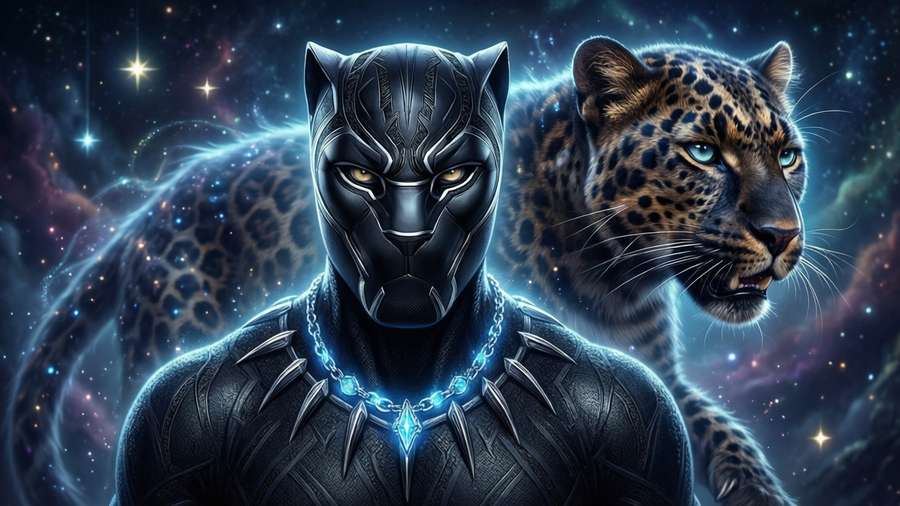 Black Panther with a mystical panther spirit, his necklace glowing with magic. — Black Panther Necklace Wallpaper