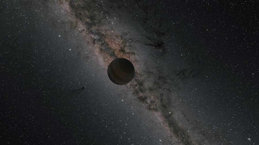 Ein großer Planet mit Bändern umkreist vor einer sternengefüllten Galaxie. — Black Planet Bilder