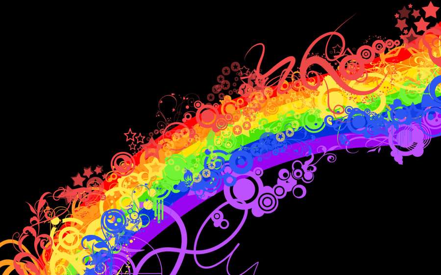 A colorful rainbow with floral swirls and stars against a black background. — Black Rainbow Wallpaper