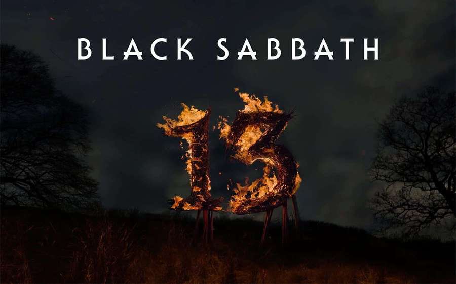 Burning number 13 with 'BLACK SABBATH' text against a dark night sky with bare trees. — Black sabbath Wallpaper