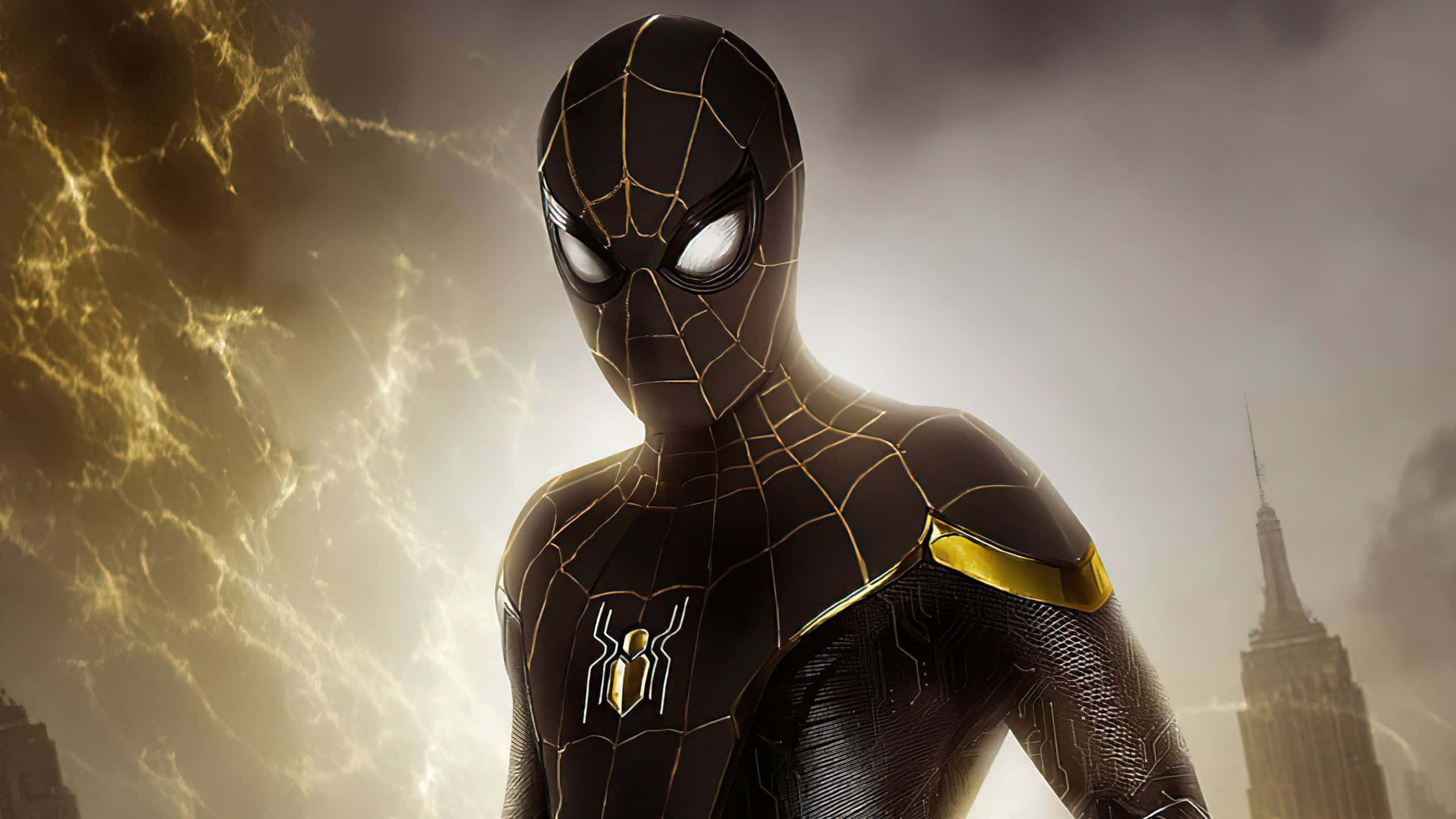 Spider-Man in black and gold suit standing in stormy cityscape with lightning. — Black Spiderman Background