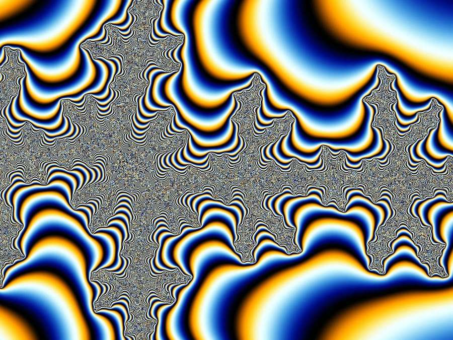 Abstract digital artwork with wavy blue and yellow stripes over a fractal pattern. — Black Trippy Wallpaper