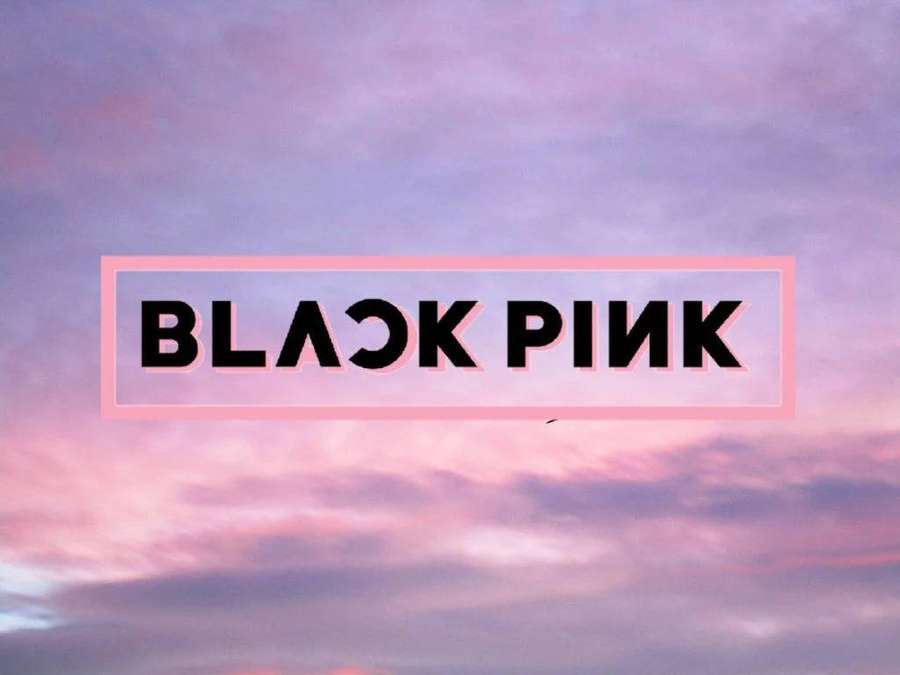 Black Pink logo in pink box against pink purple sunset sky — Blackpink Logo Wallpaper