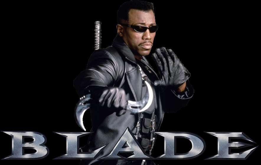 Man in black leather holding silver crescent blades with 'BLADE' logo — Blade PNG