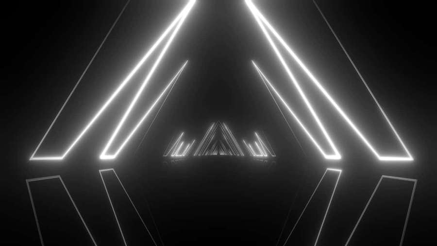 Túnel simétrico de triángulos de neón blancos brillantes que se adentran en la oscuridad. — Blanco Neón Fondos de pantalla