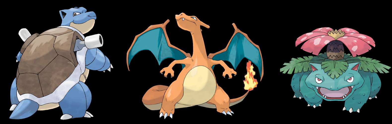 Three Pokémon characters Blastoise Charizard and Venusaur in a row. — Blastoise PNG