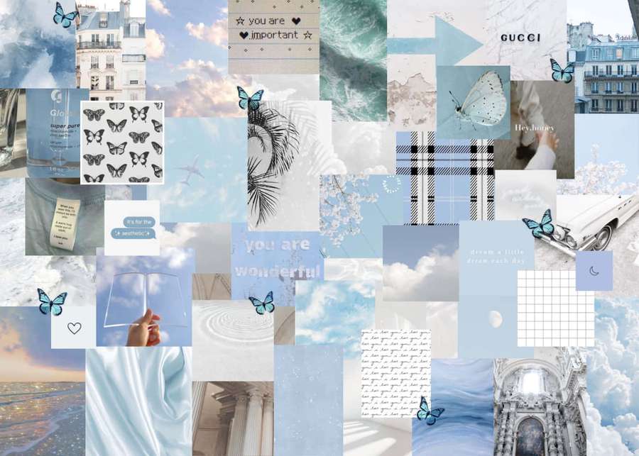 Eine pastellblaue Collage mit Schmetterlingen, Wolken, Zitaten und Modeartikeln. — Blau Wallpaper