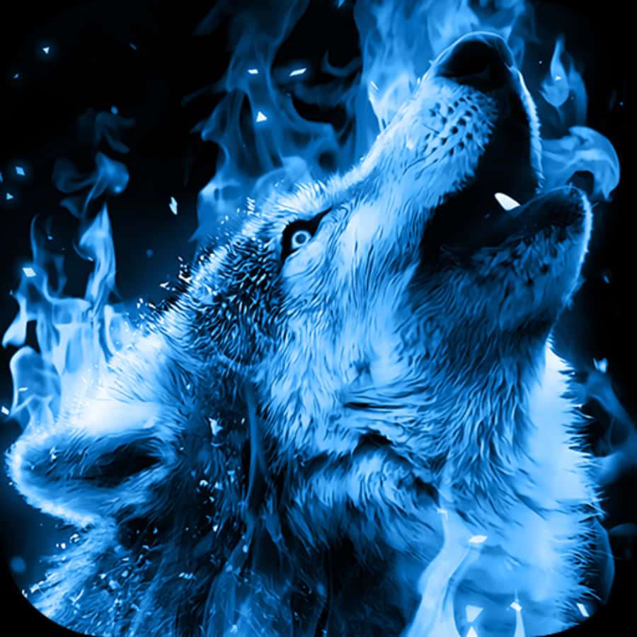 Ein blau glühender Wolf, der heult, umgeben von Flammen. — Blauer Feuerwolf Wallpaper