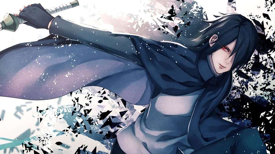 Anime-Figur, die ein Schwert zwischen zerbrochenen schwarzen Splittern schwingt. — Blauer Sasuke Wallpaper