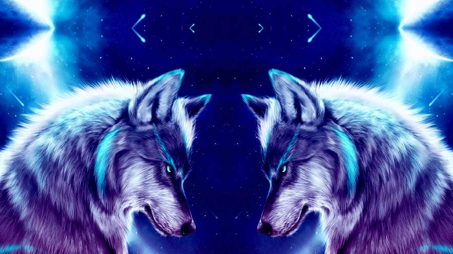 Zwei Wölfe mit leuchtenden blauen Markierungen stehen sich in einer kosmischen Umgebung gegenüber. — Blauer Wolf Wallpaper