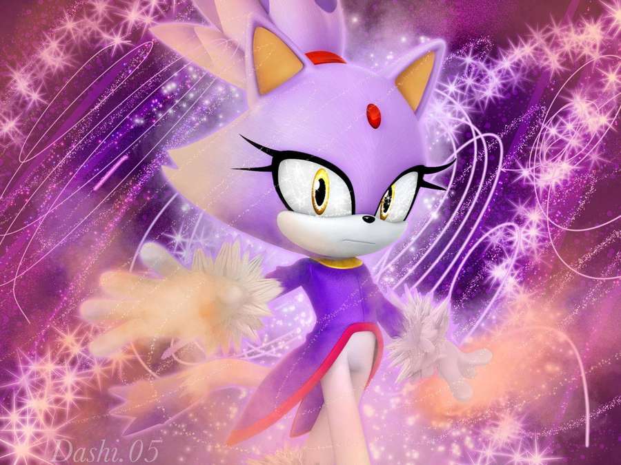 Purple fox character with yellow eyes and red accents against a sparkling cosmic background. — Blaze The Cat Wallpaper