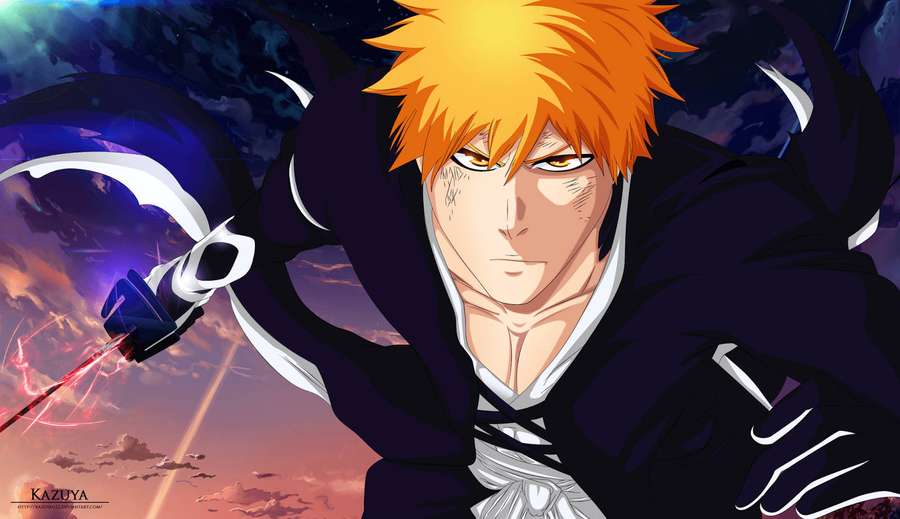 Anime character with orange hair wielding a glowing sword in a twilight sky. — Bleach Ichigo Background