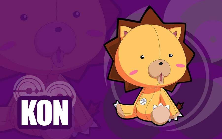 A cartoon lion character with the name KON on a purple background. — Bleach Kon Wallpaper