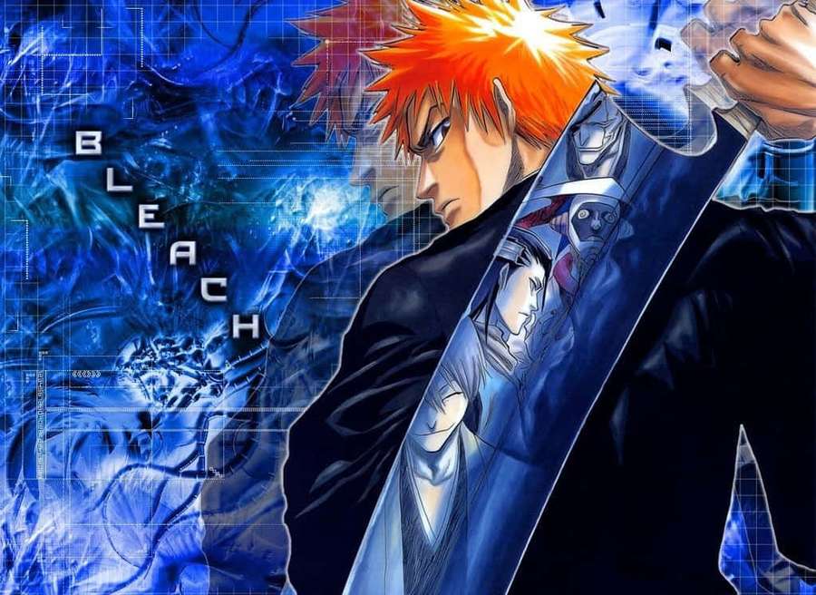 Anime character with orange hair holding a glowing sword in a blue energy field. — Bleach Pc Wallpaper
