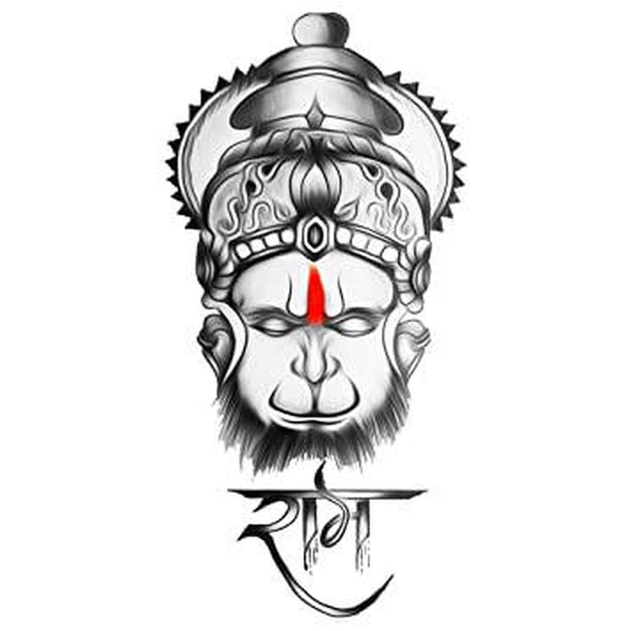 Gekrönte Affengottheit mit rotem Bindi und Sanskrit-Schrift darunter. — Bleistift Wallpaper