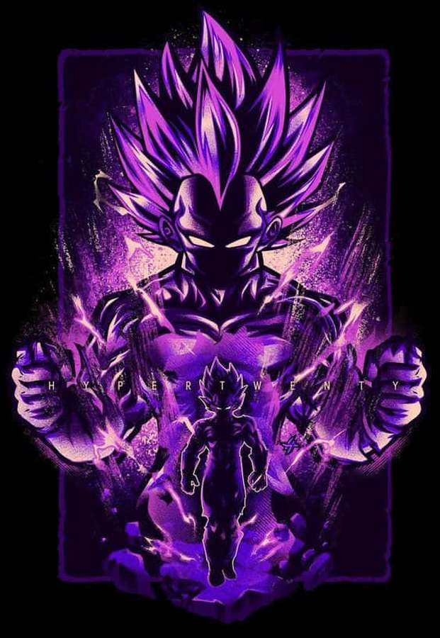 Lilahaariger Anime-Krieger mit glühenden Augen und Energie-Aura, kleinere Figur darunter. — Bleistift zeichnung Wallpaper