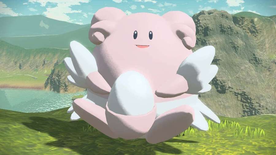 Pink winged Pokémon sitting on grassy hill near lake and mountains — Blissey Wallpaper