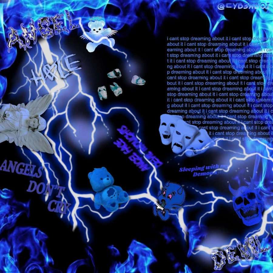 Blaue Blitze trennen Engel- und Teufelsbilder mit Text und Teddybären. — Blitz Wallpaper