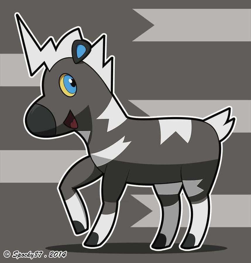 A cartoon zebra with a lightning bolt horn and blue eye on a gray striped background. — Blitzle Picture