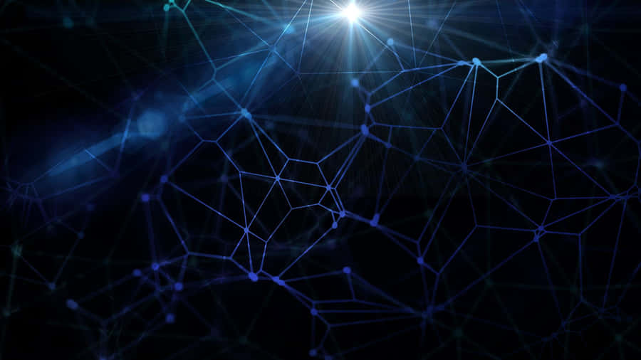 Blått digitalt nätverk med glödande noder och linjer som strålar ut från en ljus mitt på mörk bakgrund — Blockchain bakgrund Bakgrundsbilder