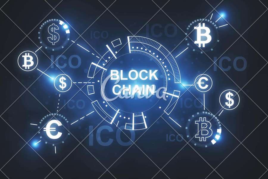 Digital blockchain network with glowing currency symbols connected by lines. — Blockchain Background