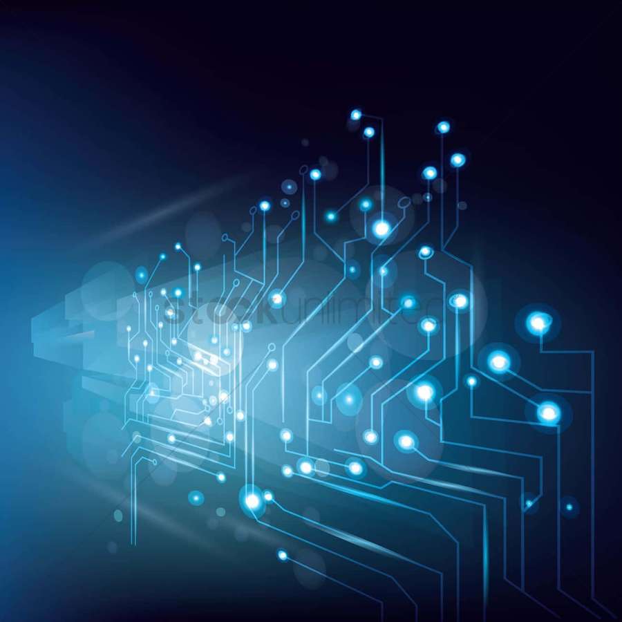 Abstraktes glühendes blaues Leiterbahndesign mit Lichtfackeln auf dunklem Hintergrund — Blockchain Hintergrundbild