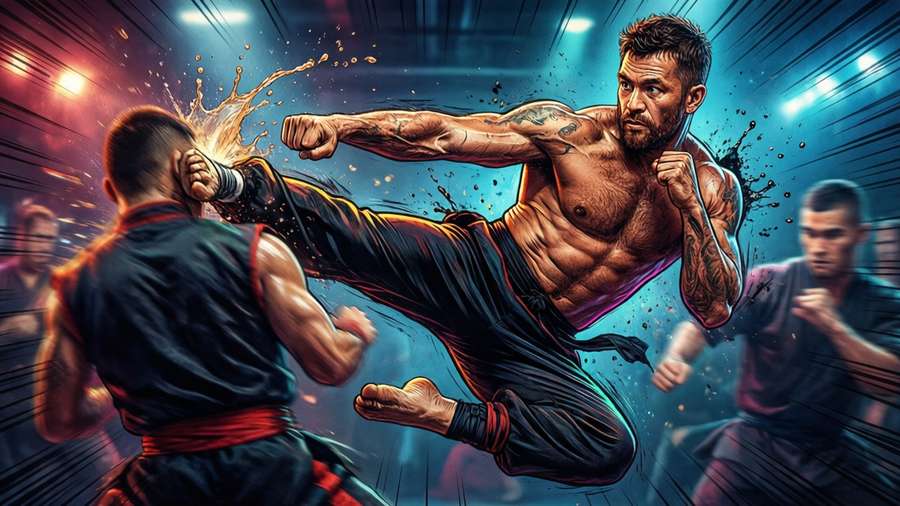 Frank Dux executing a spectacular flying kick during the Kumite tournament. — Bloodsport Wallpaper