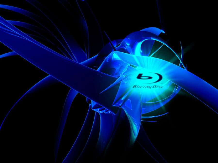 Glowing blue Blu-ray Disc logo surrounded by digital ribbons on black background — Blu-ray Wallpaper