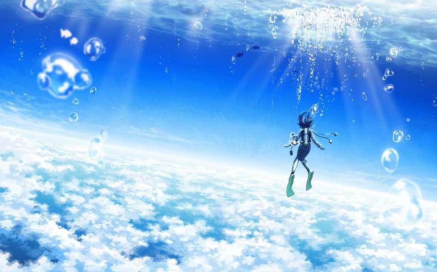 Anime-dykare svävar uppåt genom blått vatten ovanför moln med bubblor. — Blue Anime Bakgrundsbilder
