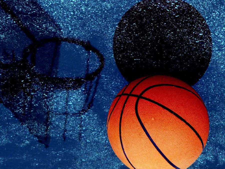 Orange basketball with hoop shadow on blue textured surface — Blue Basketball Wallpaper