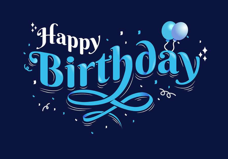 Happy Birthday greeting with blue balloons and confetti on dark blue background. — Blue Birthday Background