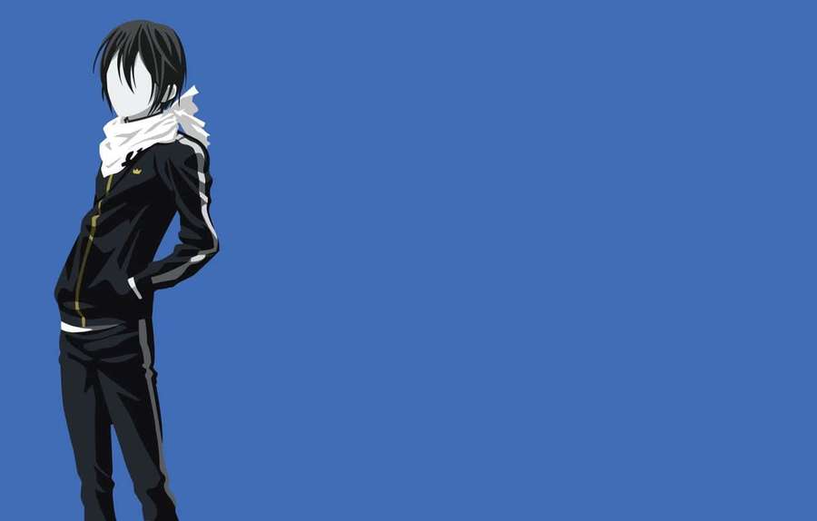 Anime boy in black tracksuit and white scarf standing against blue background. — Blue Boy Wallpaper