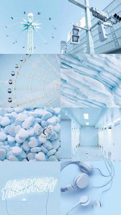 A blue-themed collage with Ferris wheel, ice, headphones, candy, hallway, and the word heaven. — Blue Collage Wallpaper