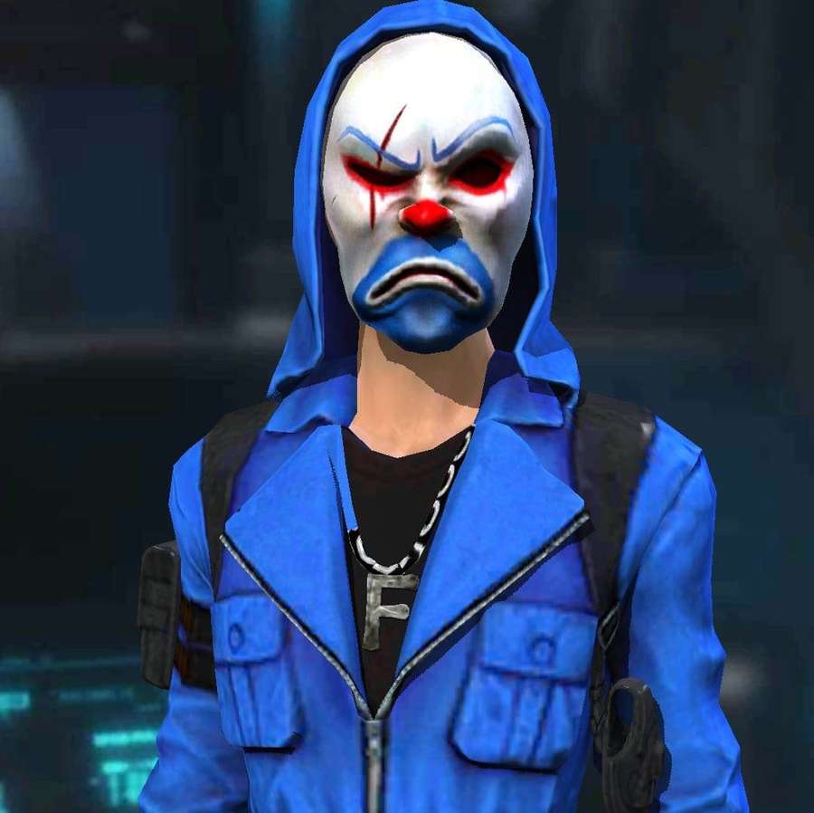 A menacing clown character in a blue hoodie and mask with red eyes. — Blue Criminal Bundle Wallpaper