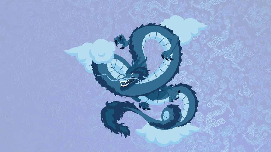 A blue dragon flying through clouds on a patterned lavender background. — Blue Dragon Wallpaper