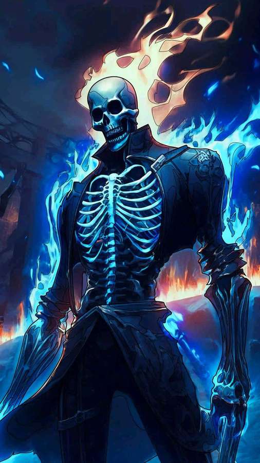 A flaming skeleton warrior in a dark coat stands in a fiery scene. — Blue Fire Skull Wallpaper