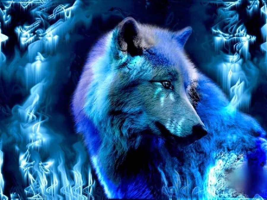 A glowing blue wolf surrounded by electric energy and cosmic swirls. — Blue Fire Wolf Wallpaper