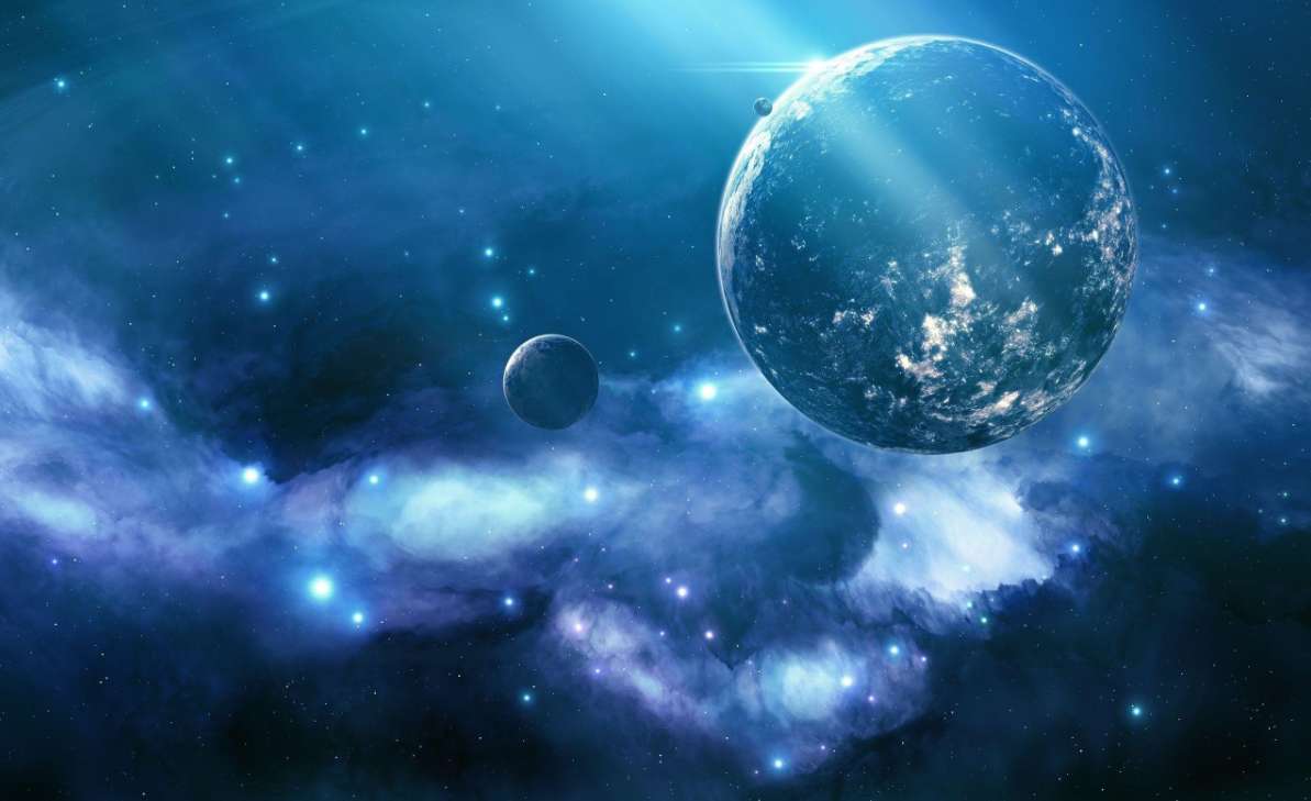 A blue planet and moon float in a glowing cosmic nebula filled with stars. — Blue Galaxy Background